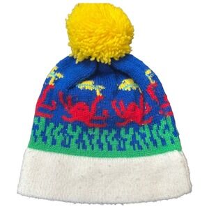 Mad Hatter Acrylic Knit Beanie Hat Blue Red Green Yellow Crab Pom Pom Winter